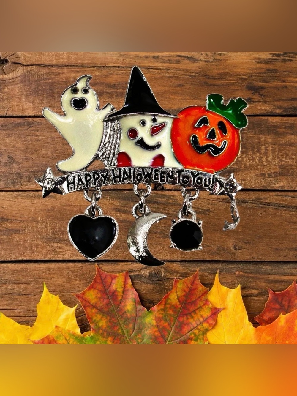 Halloween charm brooch pin with ghost, scare crow pumpkin, heart and moon  NEW